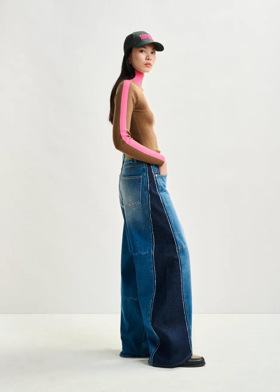 Blue and dark blue wide-leg contrast panel jeans