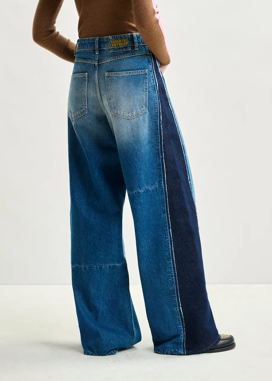 Blue and dark blue wide-leg contrast panel jeans
