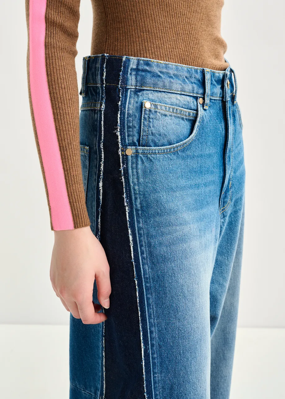 Blue and dark blue wide-leg contrast panel jeans