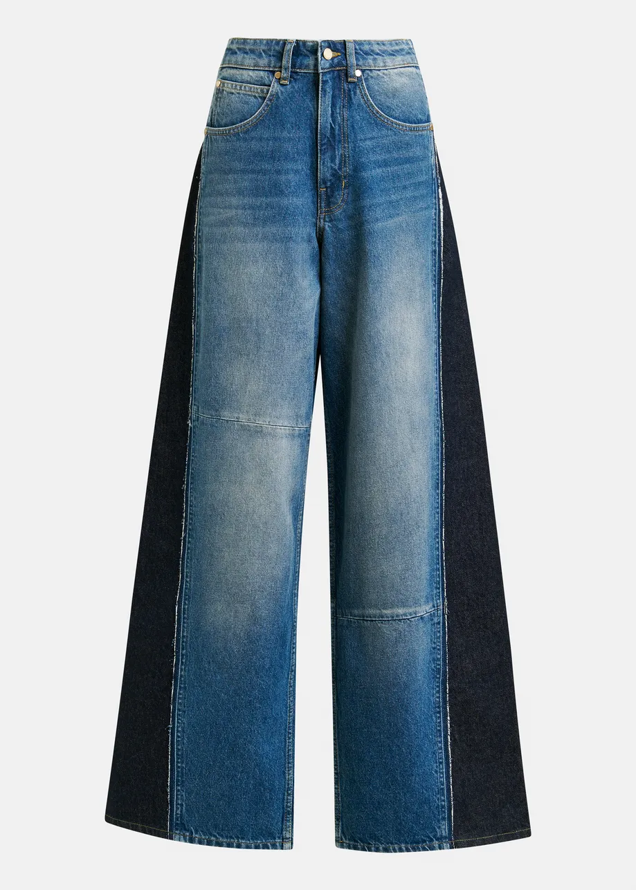 Blue and dark blue wide-leg contrast panel jeans