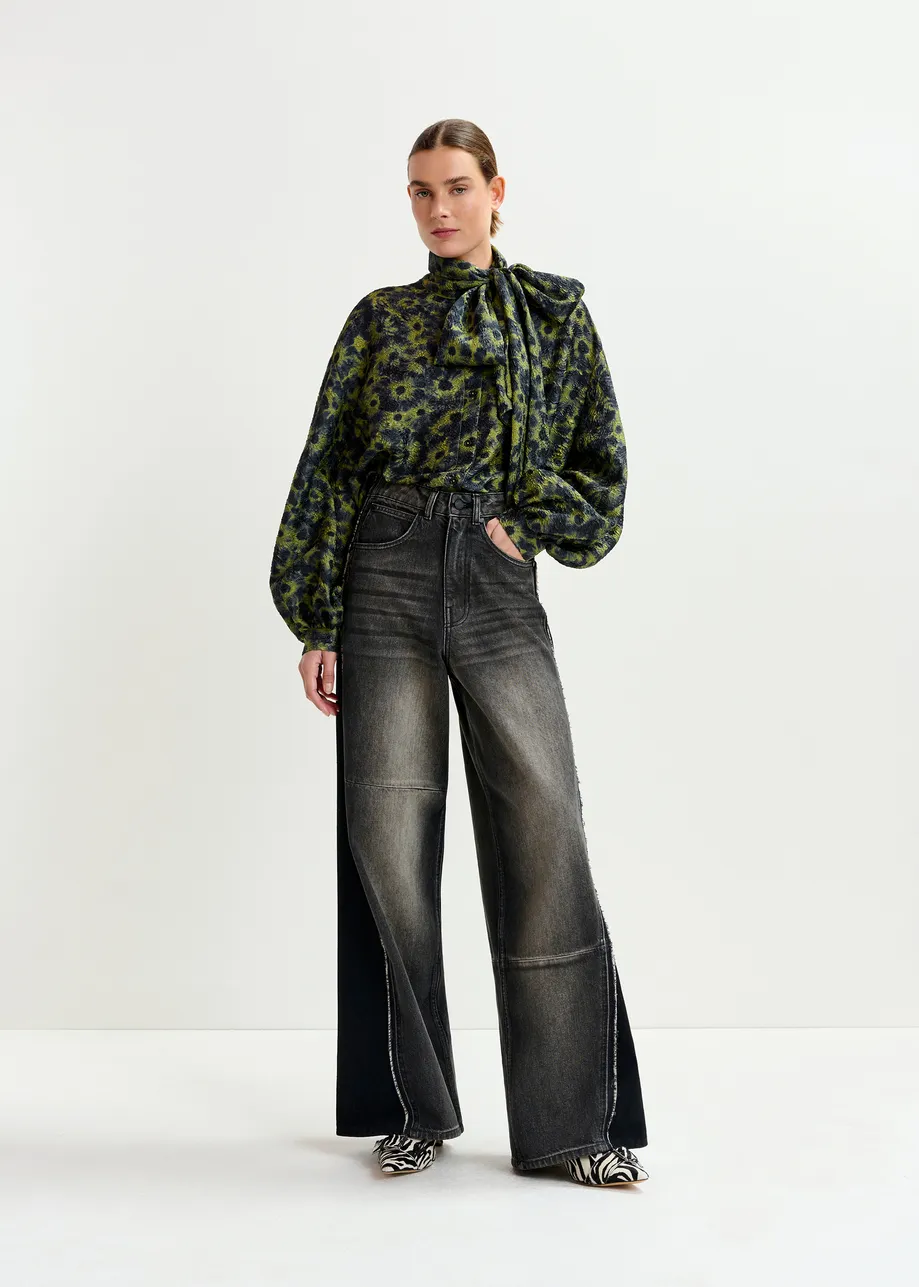 Black and  grey wide-leg contrast panel jeans