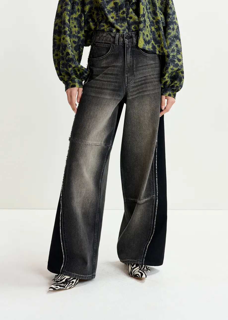 Black and  grey wide-leg contrast panel jeans