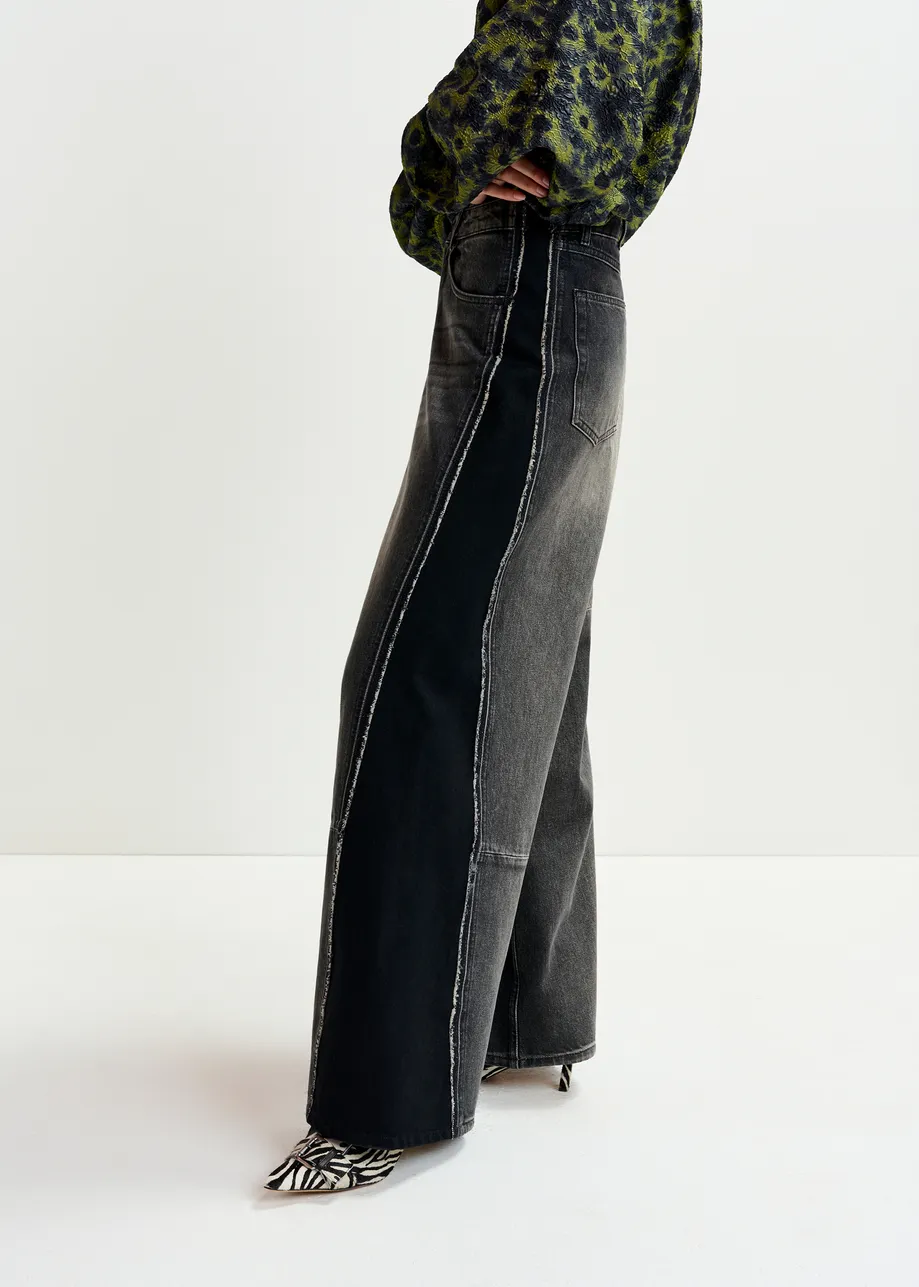 Black and  grey wide-leg contrast panel jeans