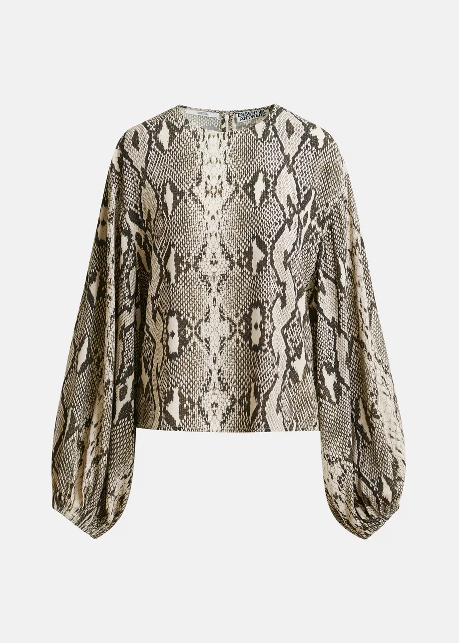 Green, beige and black top with puffed sleeves
