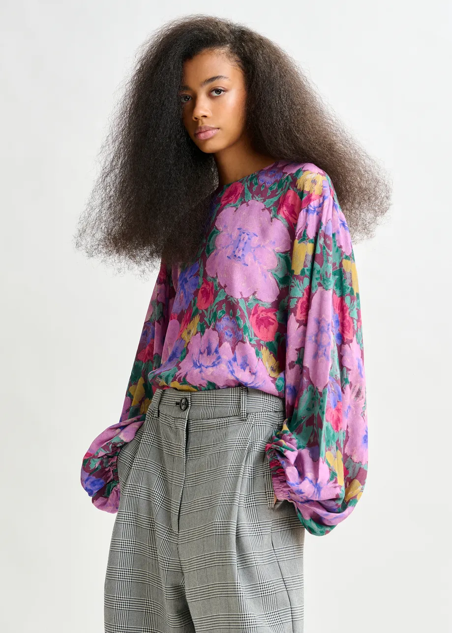 Purple and multicolor top with puffed sleeves