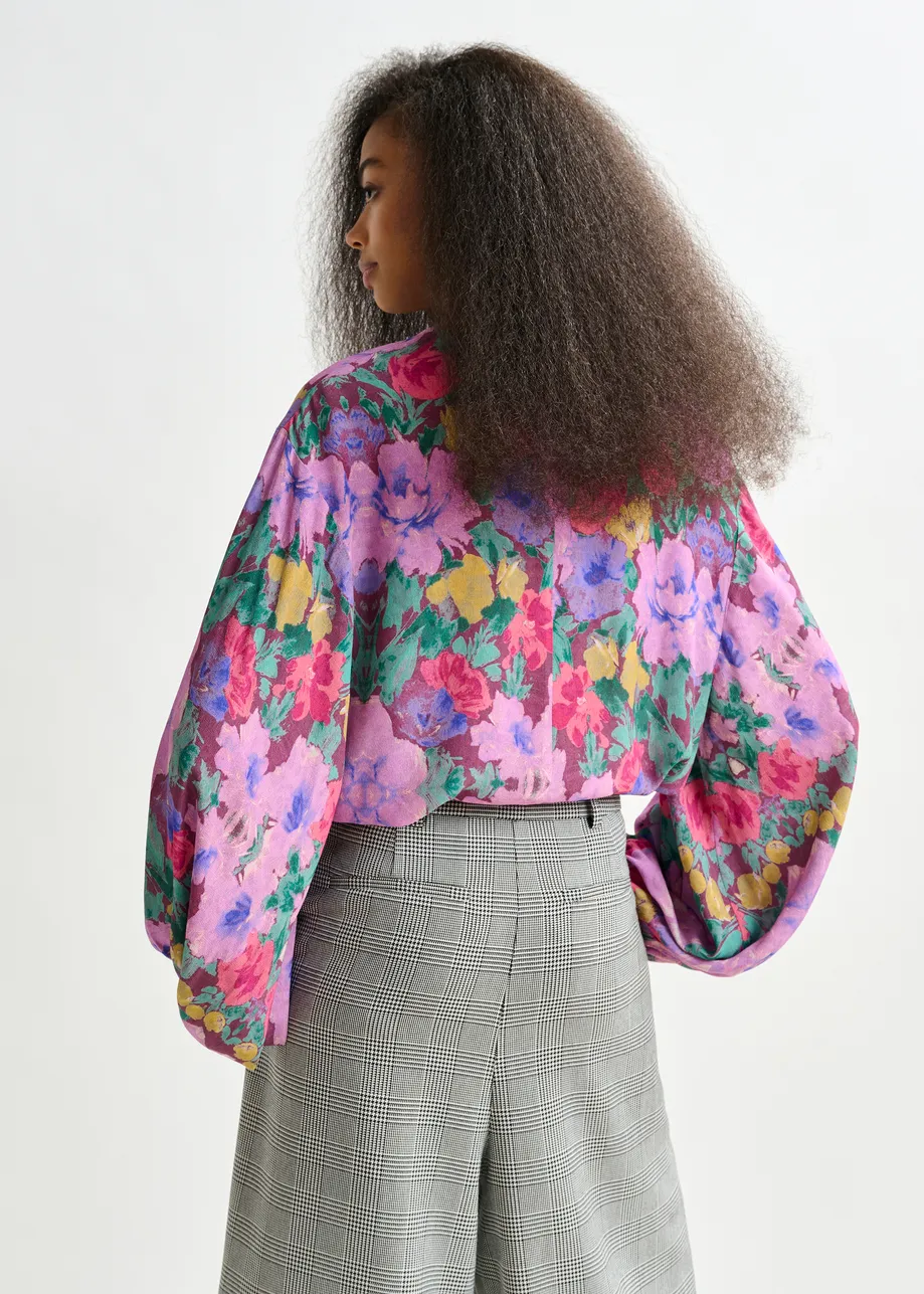 Purple and multicolor top with puffed sleeves