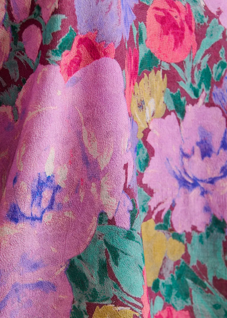Purple and multicolor top with puffed sleeves