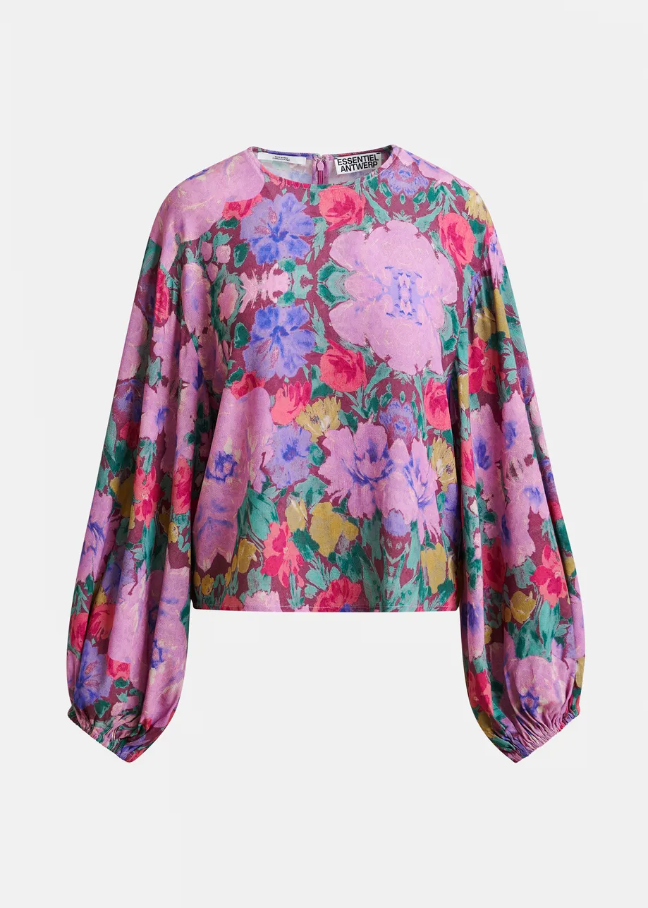 Purple and multicolor top with puffed sleeves