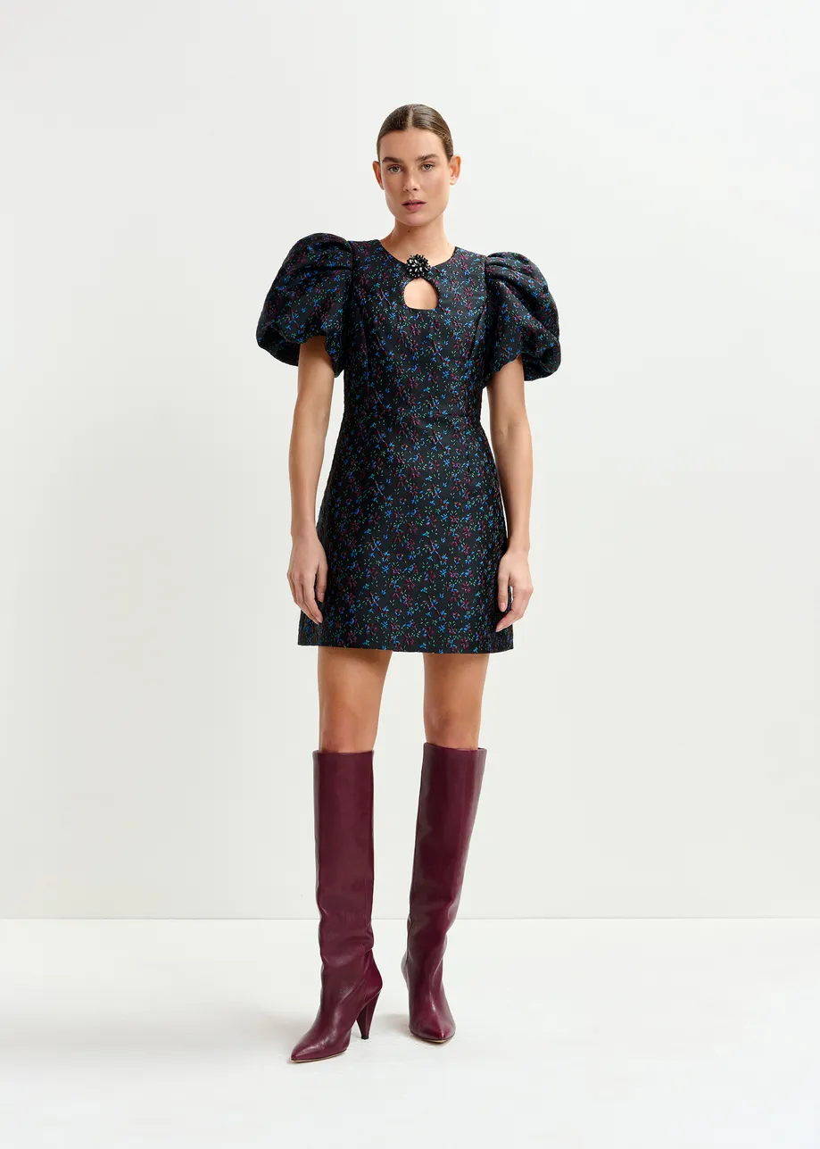 Black, blue and red floral puff-sleeve mini dress with cut-out detail