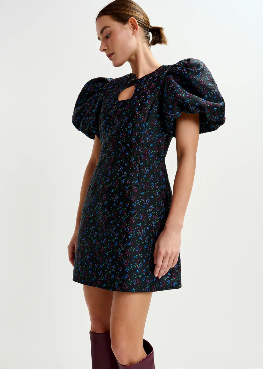 Black, blue and red floral puff-sleeve mini dress with cut-out detail