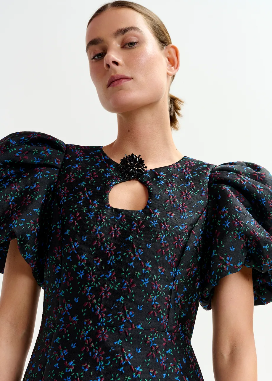 Black, blue and red floral puff-sleeve mini dress with cut-out detail