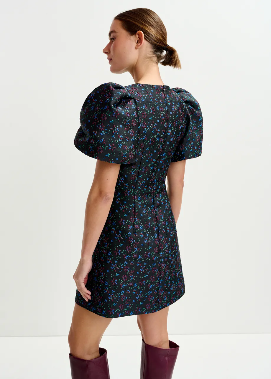 Black, blue and red floral puff-sleeve mini dress with cut-out detail