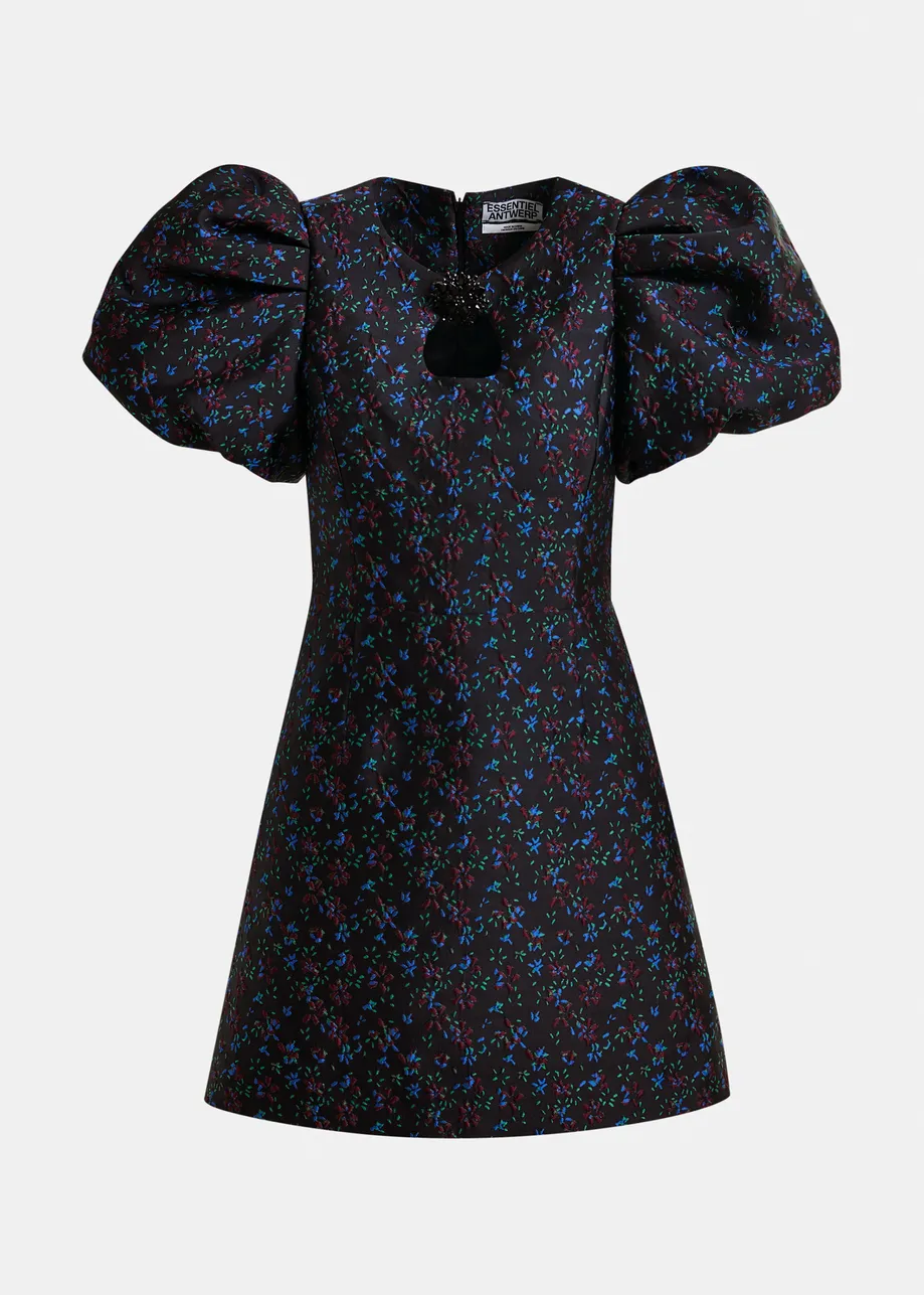 Black, blue and red floral puff-sleeve mini dress with cut-out detail