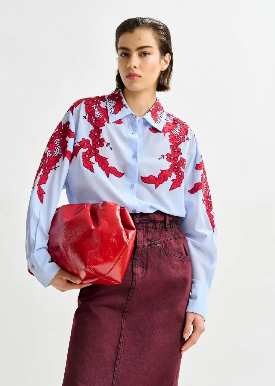 Blue and burgundy embroidered cotton shirt with rhinestone embellishements