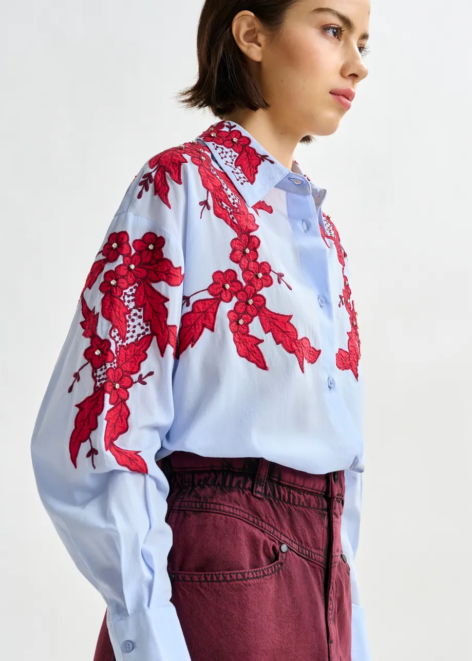 Blue and burgundy embroidered cotton shirt with rhinestone embellishements