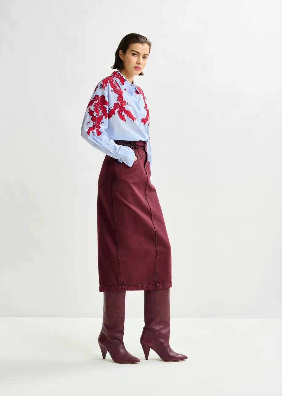 Blue and burgundy embroidered cotton shirt with rhinestone embellishements