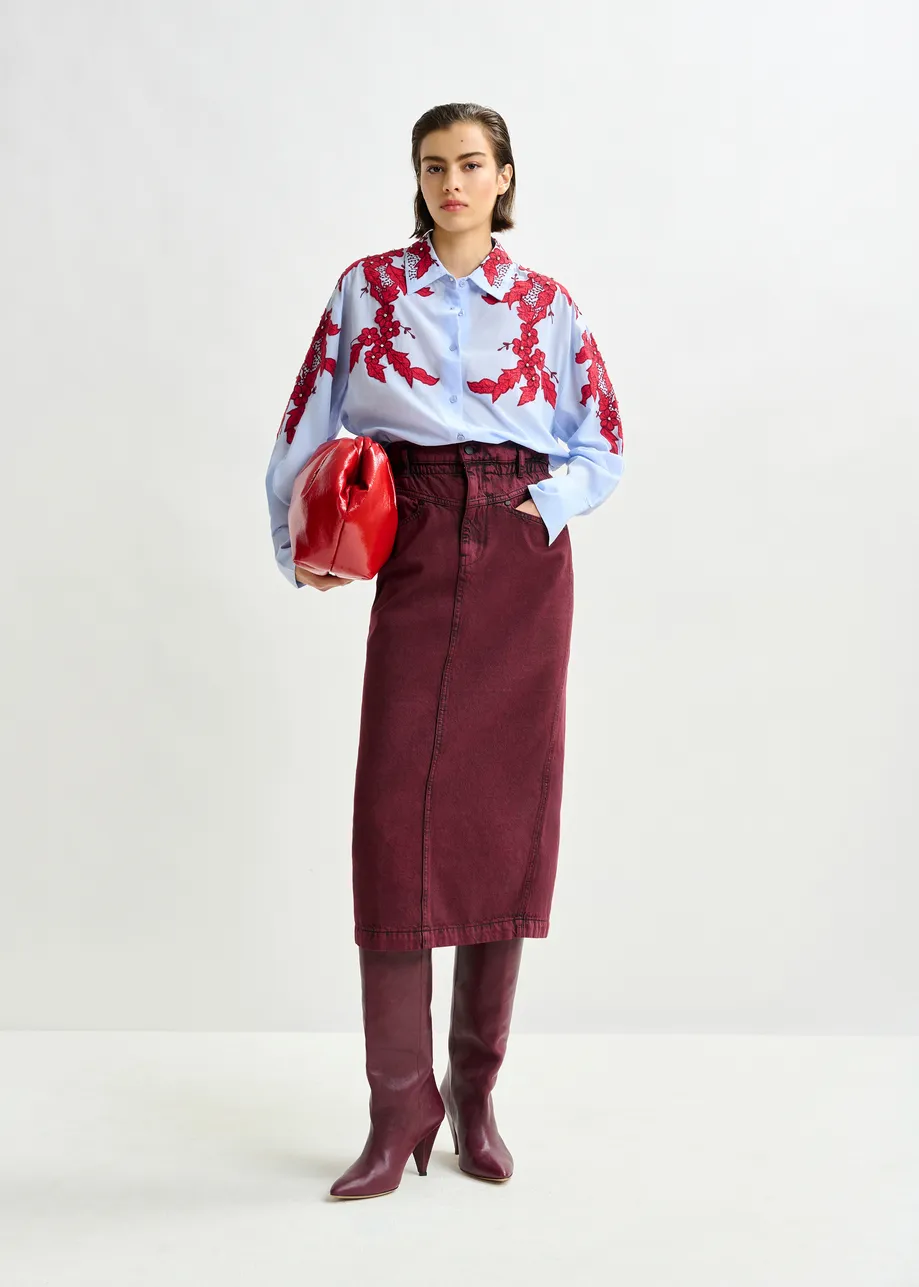 Blue and burgundy embroidered cotton shirt with rhinestone embellishements