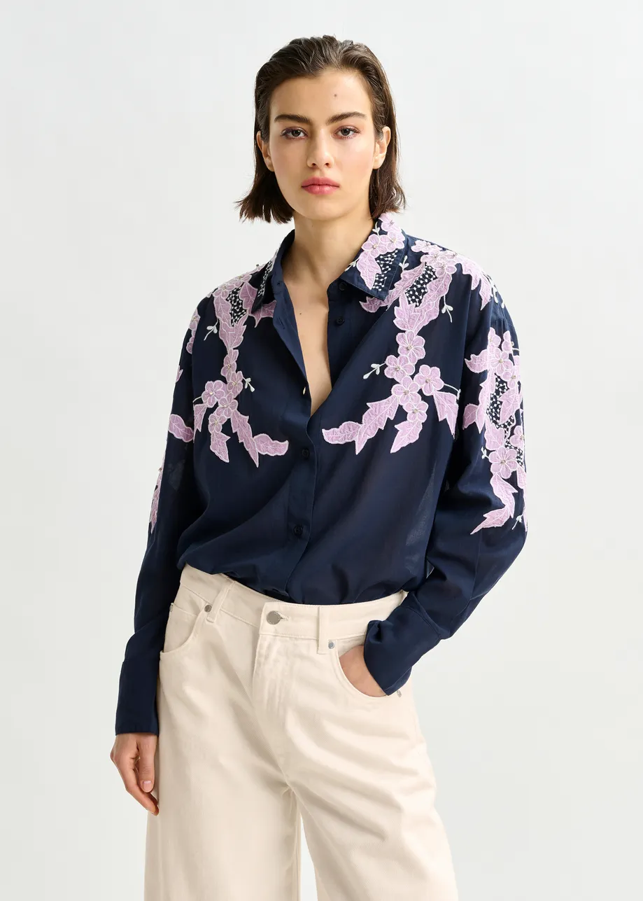 Navy, light purple and white embroidered cotton shirt with rhinestone embellishements