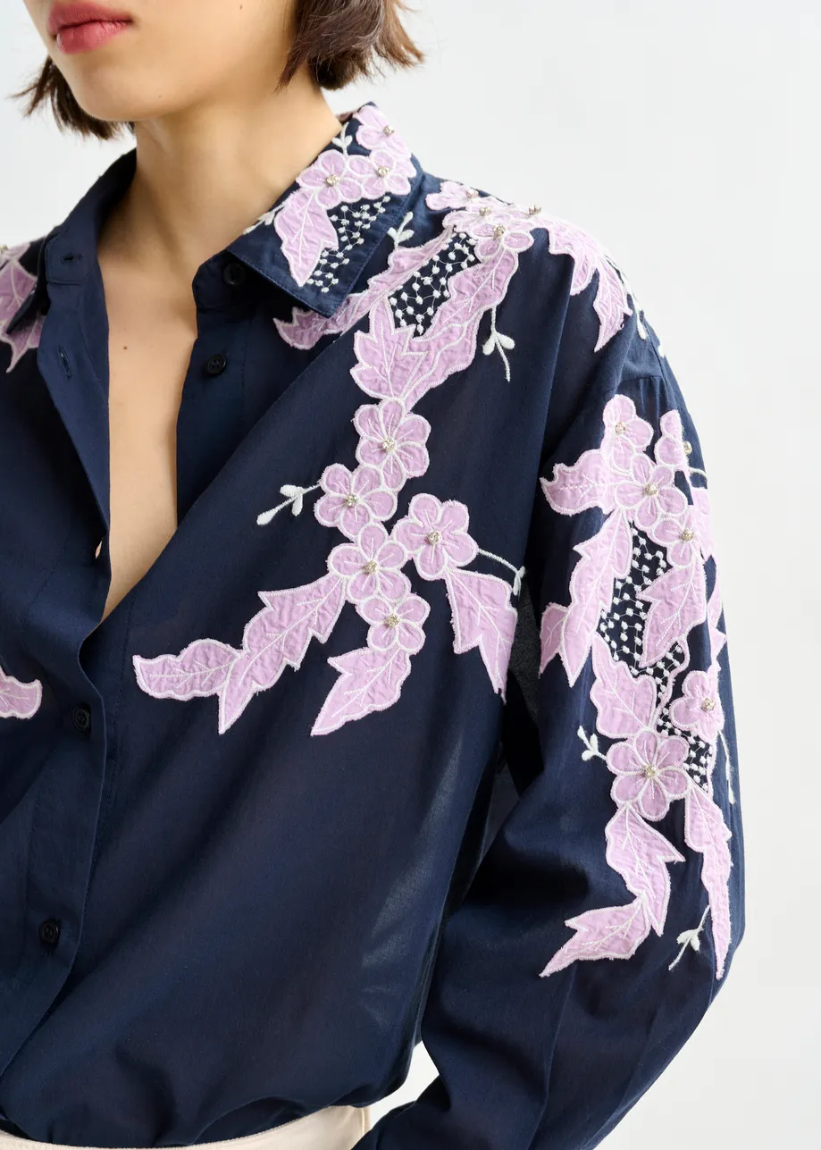 Navy, light purple and white embroidered cotton shirt with rhinestone embellishements