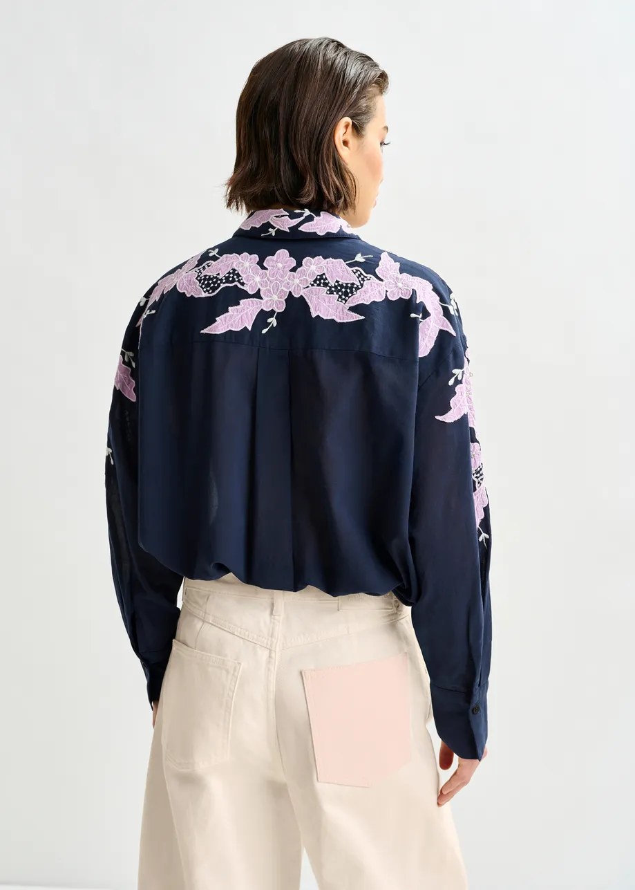 Navy, light purple and white embroidered cotton shirt with rhinestone embellishements