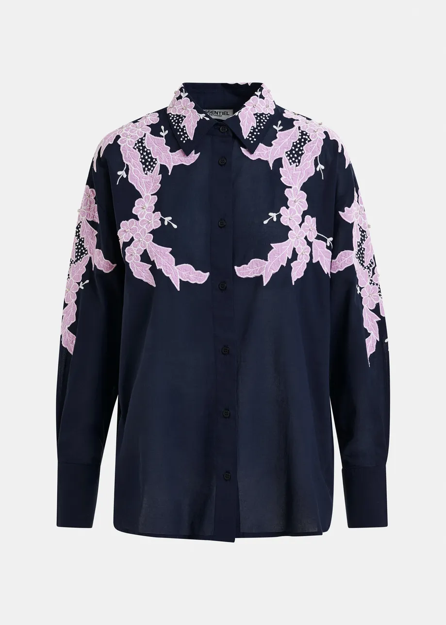 Navy, light purple and white embroidered cotton shirt with rhinestone embellishements