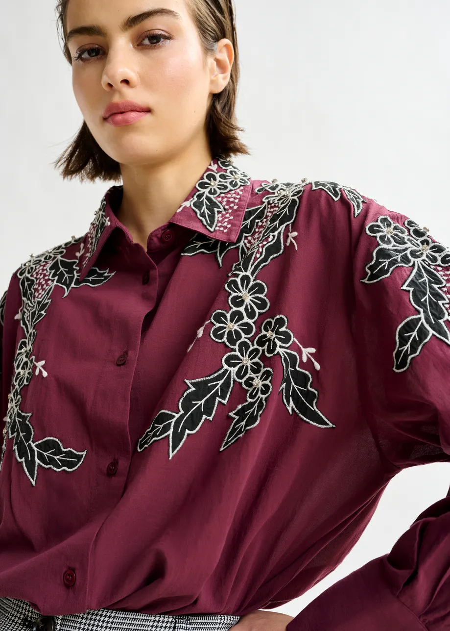 Burgundy, white and black embroidered cotton shirt with rhinestone embellishements