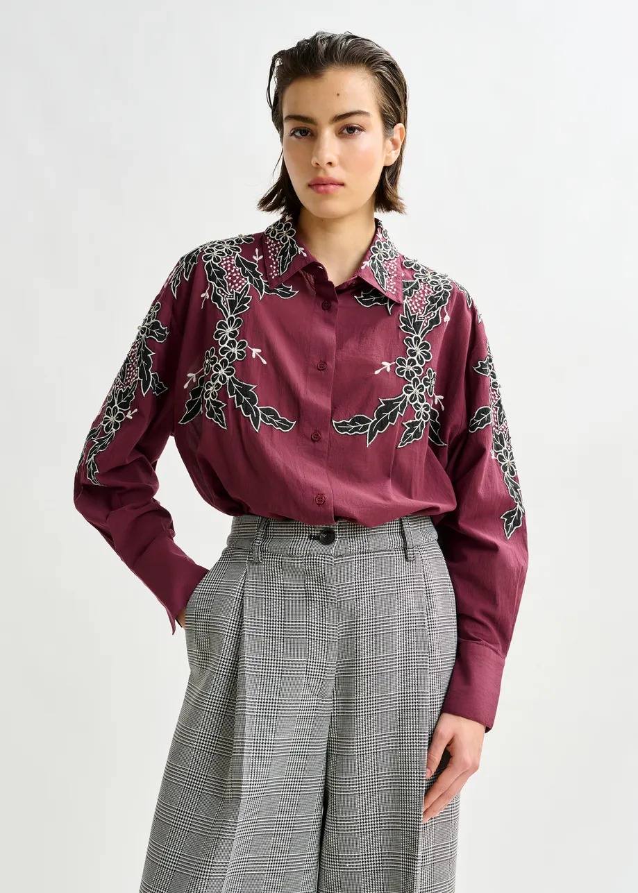 Burgundy, white and black embroidered cotton shirt with rhinestone embellishements