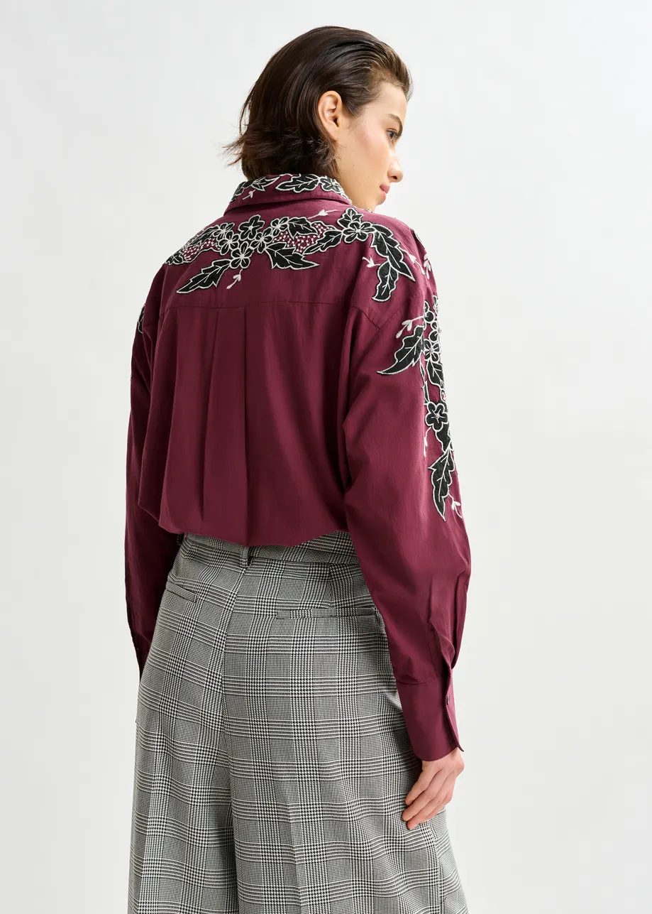 Burgundy, white and black embroidered cotton shirt with rhinestone embellishements