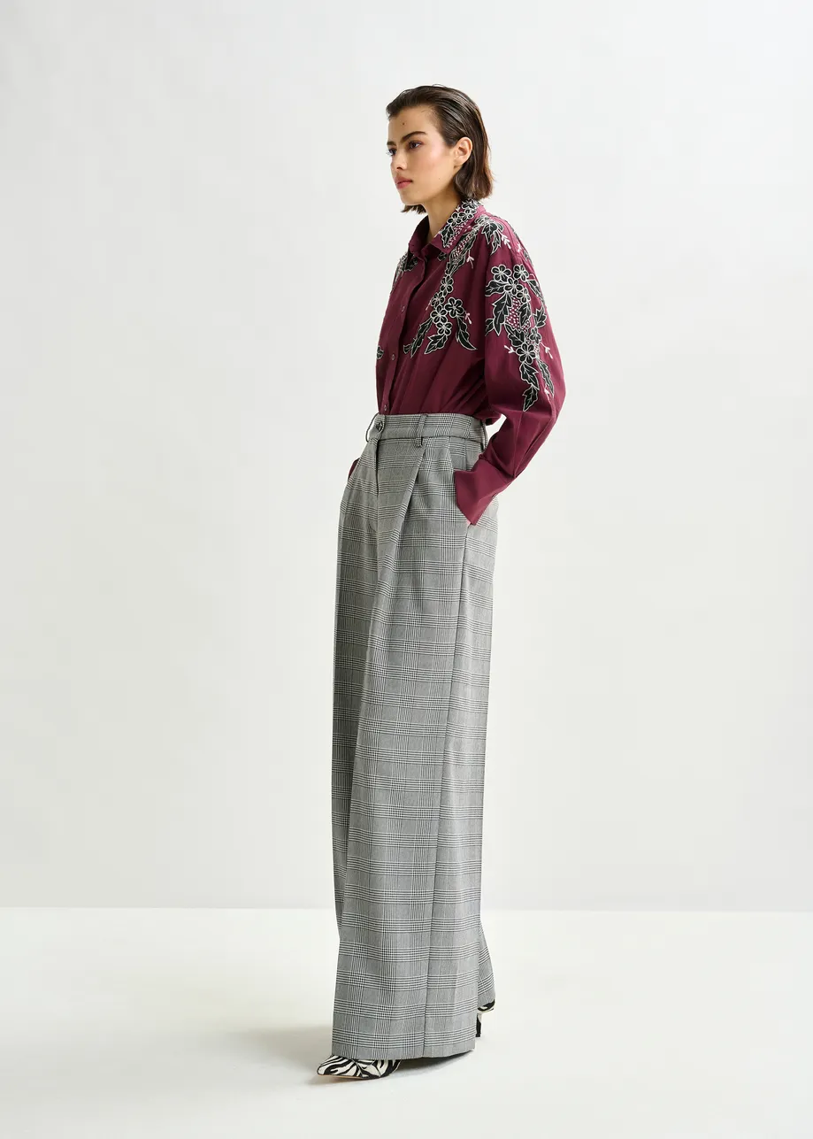 Burgundy, white and black embroidered cotton shirt with rhinestone embellishements
