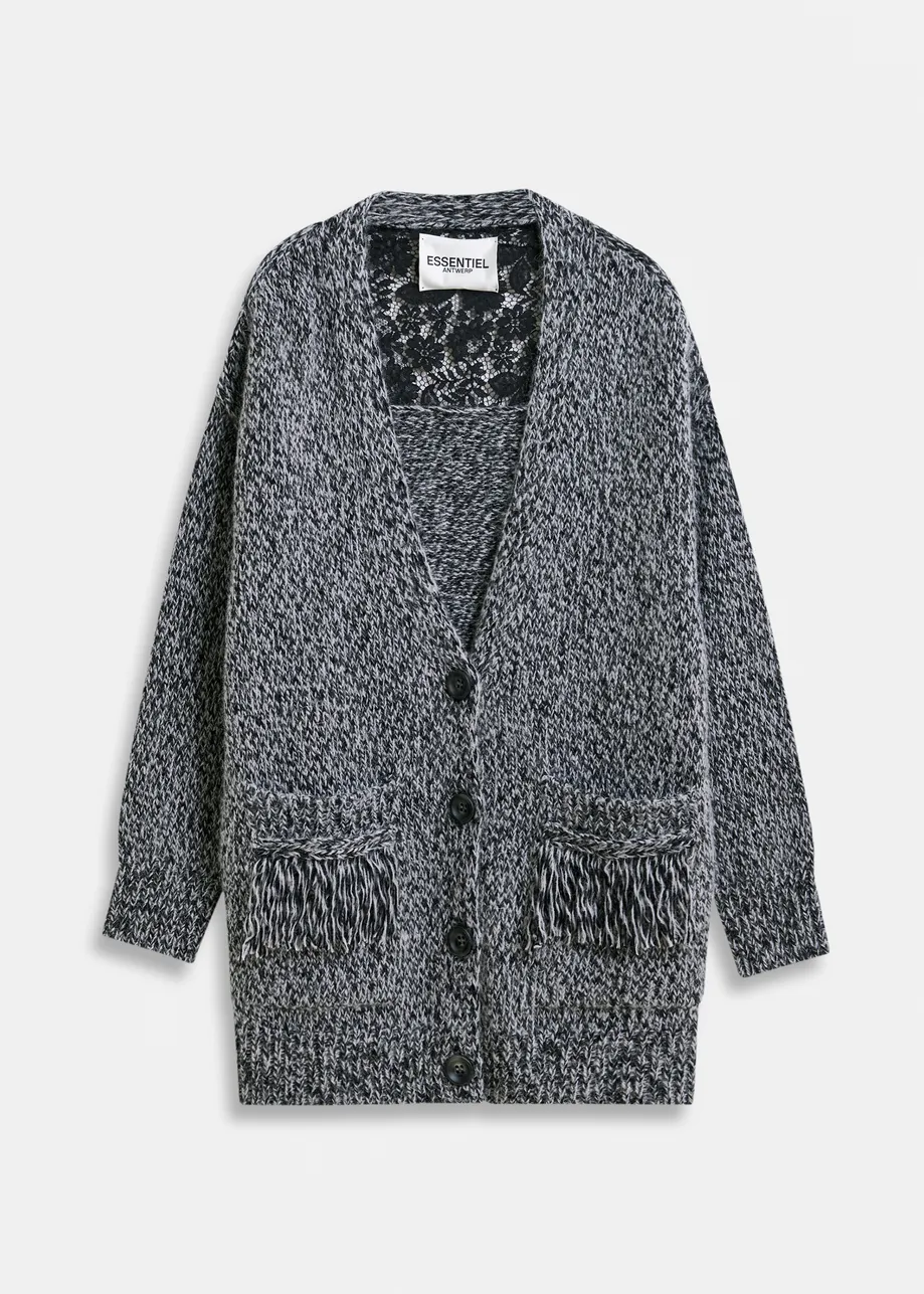 Dark red and black lace-back wool-blend cardigan with fringe details