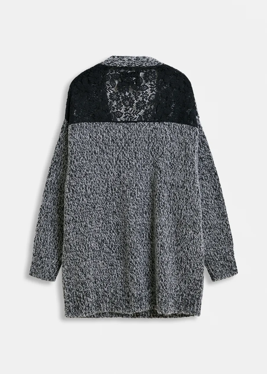 Dark red and black lace-back wool-blend cardigan with fringe details