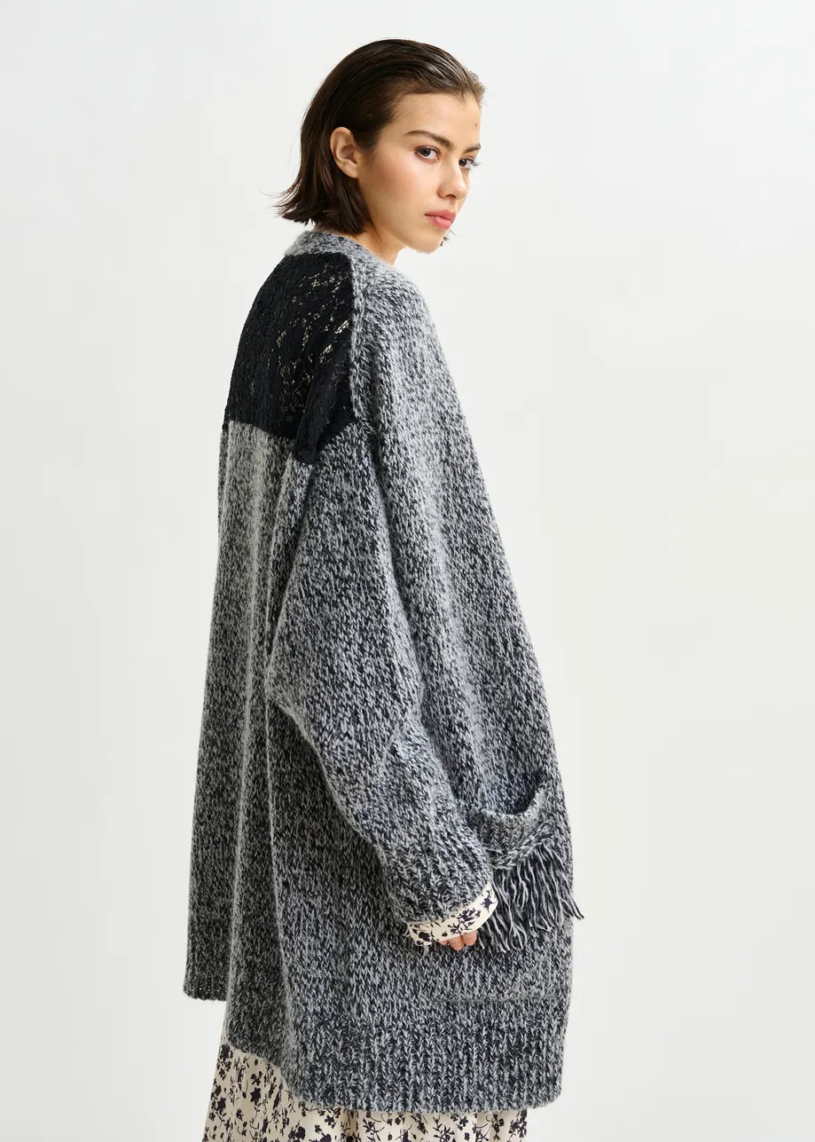 Dark red and black lace-back wool-blend cardigan with fringe details