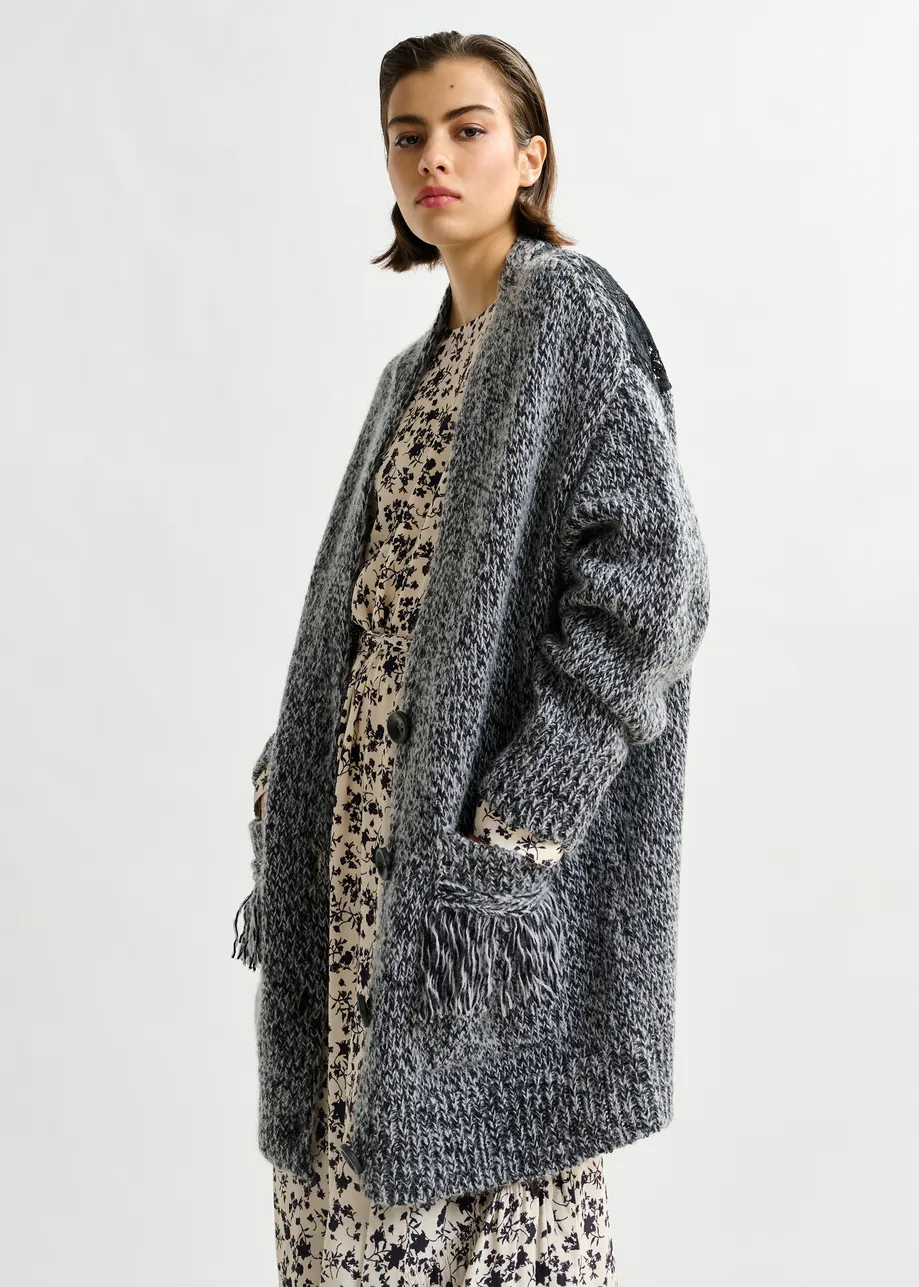 Dark red and black lace-back wool-blend cardigan with fringe details