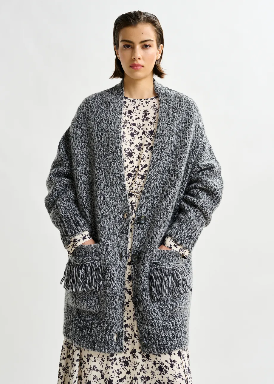 Dark red and black lace-back wool-blend cardigan with fringe details