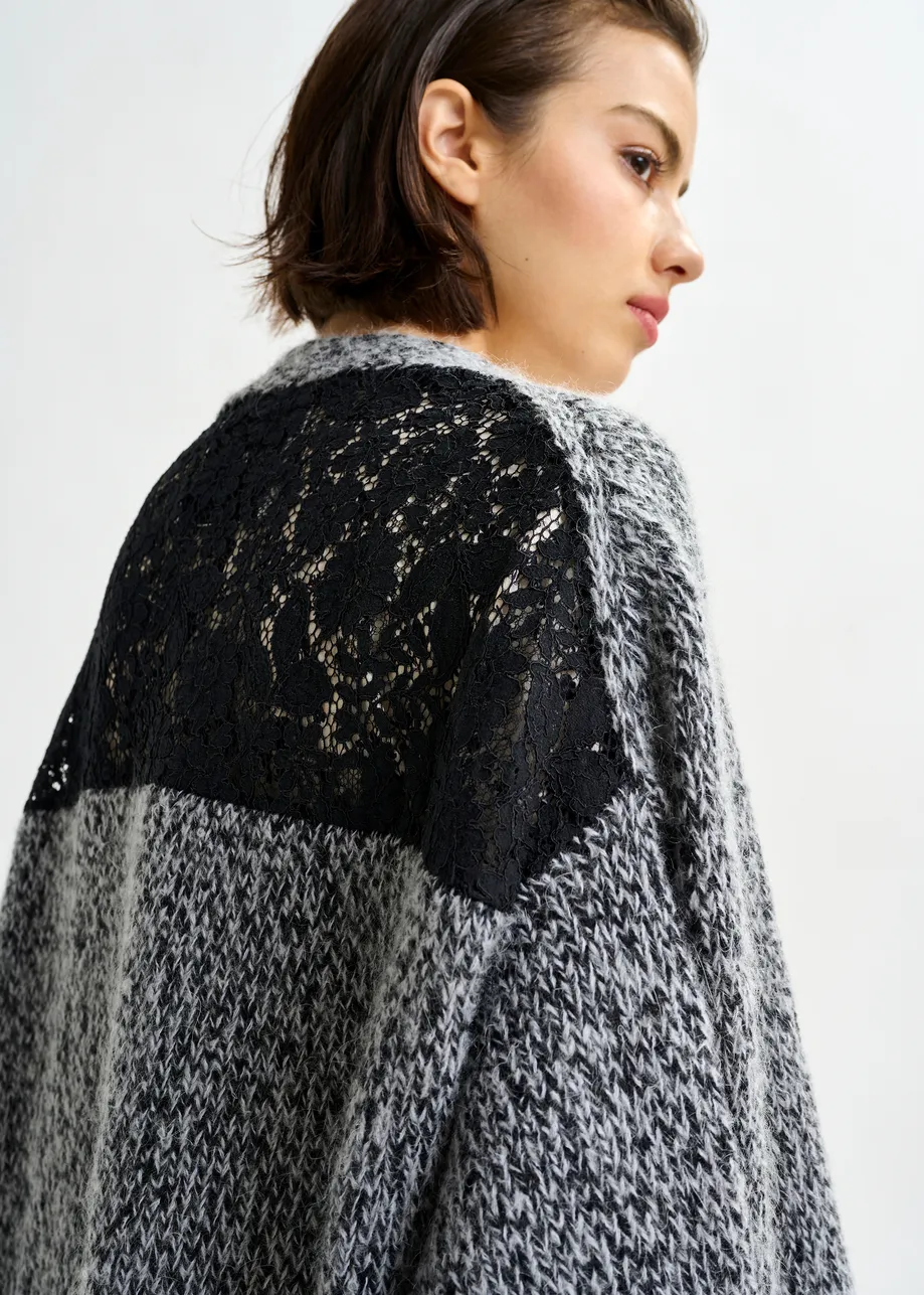 Dark red and black lace-back wool-blend cardigan with fringe details