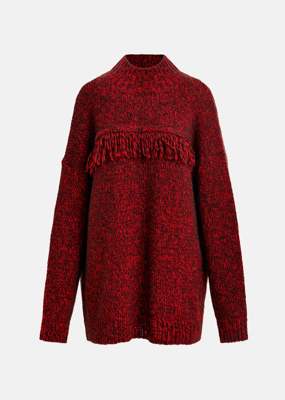Dark red and black wool-blend sweater with fringe details