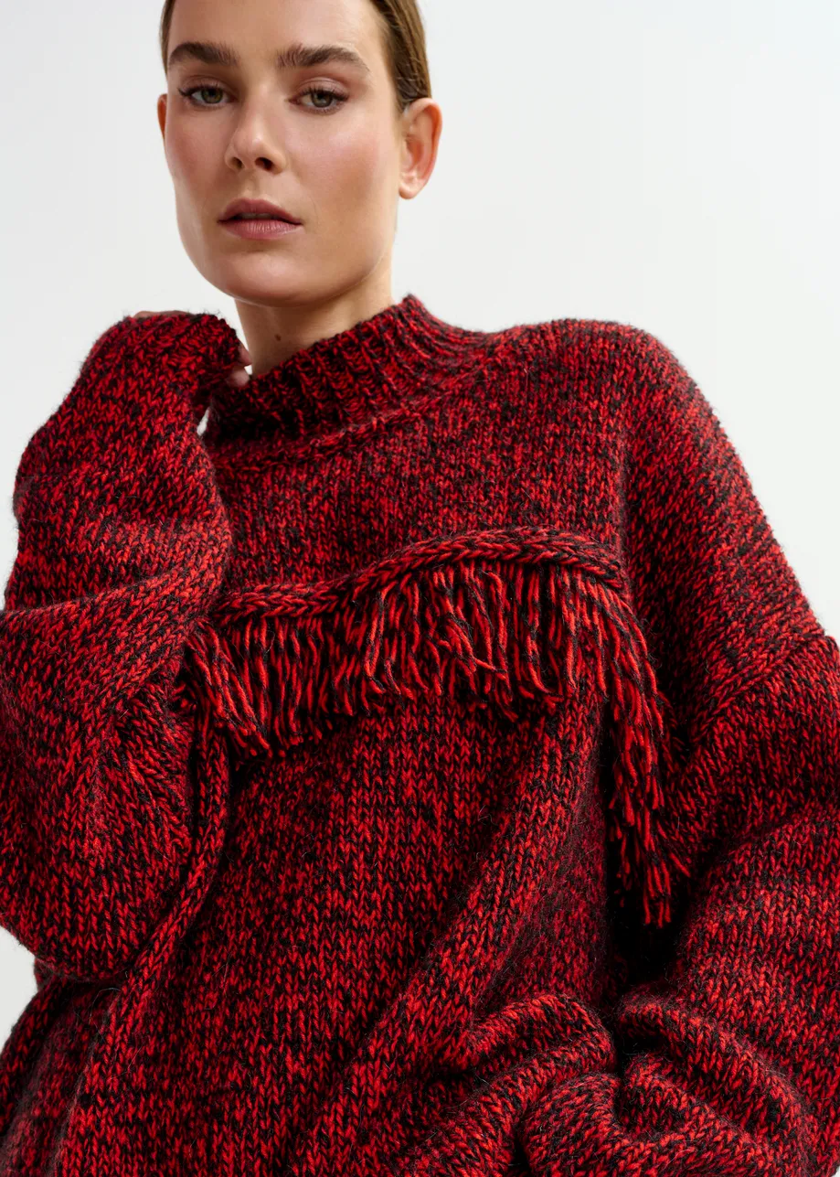Dark red and black wool-blend sweater with fringe details
