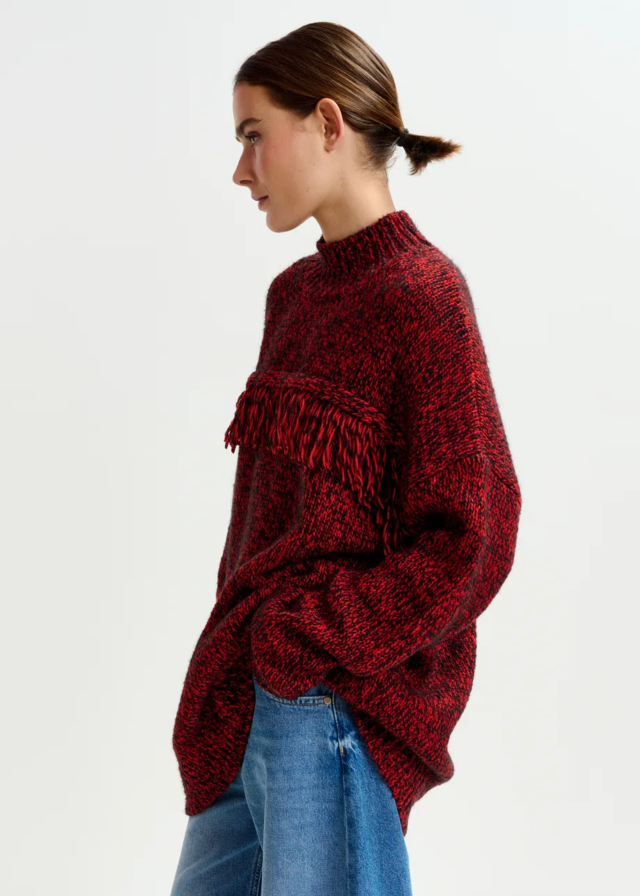 Dark red and black wool-blend sweater with fringe details