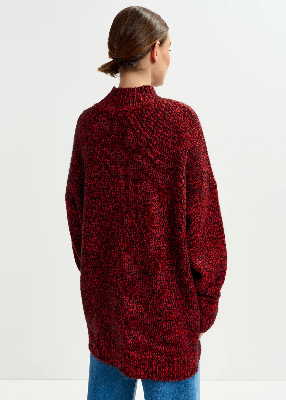 Dark red and black wool-blend sweater with fringe details