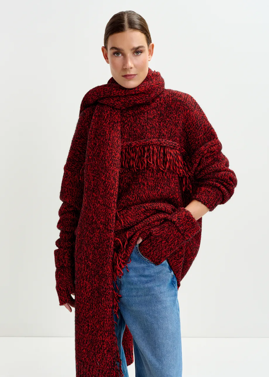Dark red and black wool-blend sweater with fringe details