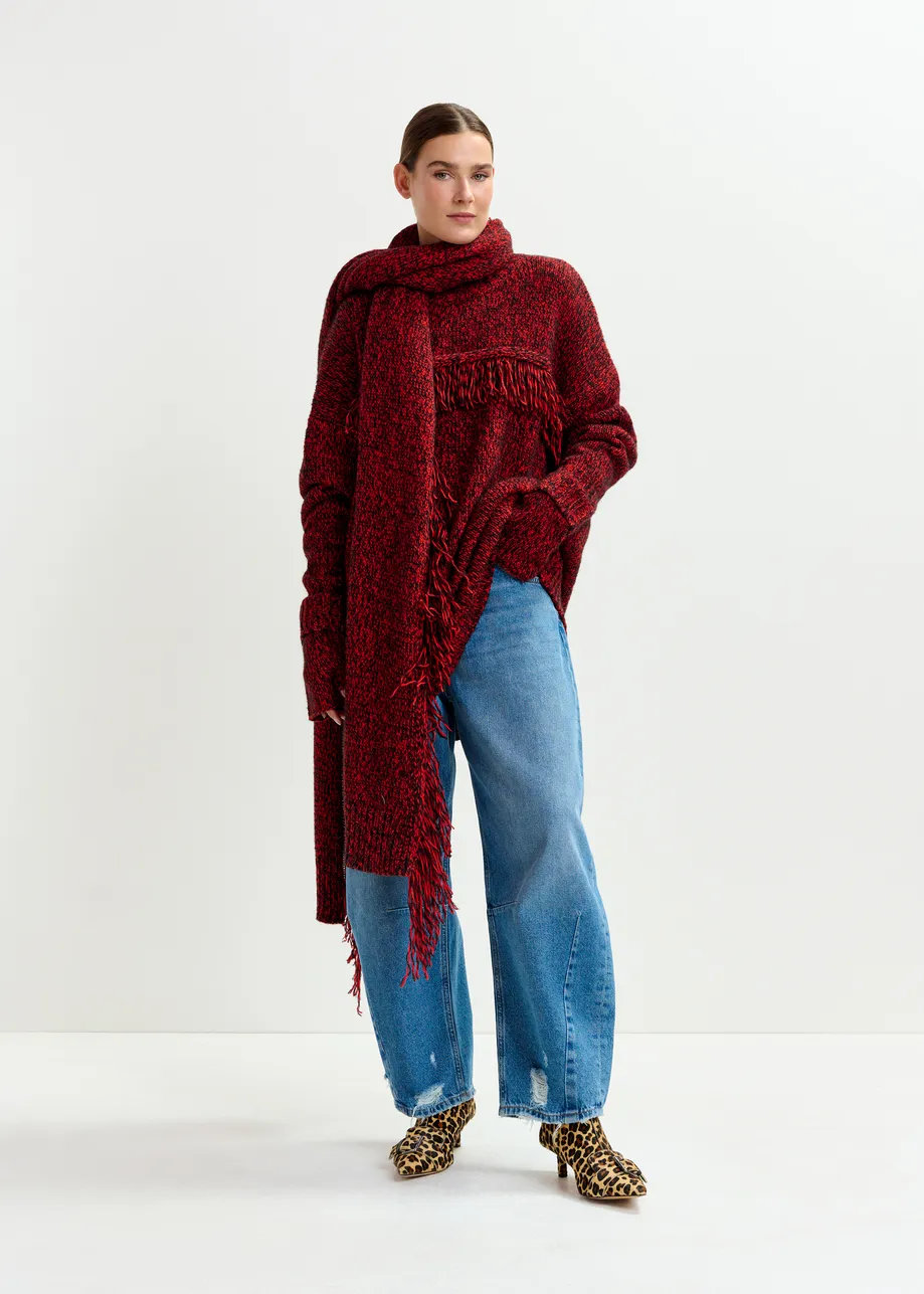 Dark red and black wool-blend sweater with fringe details