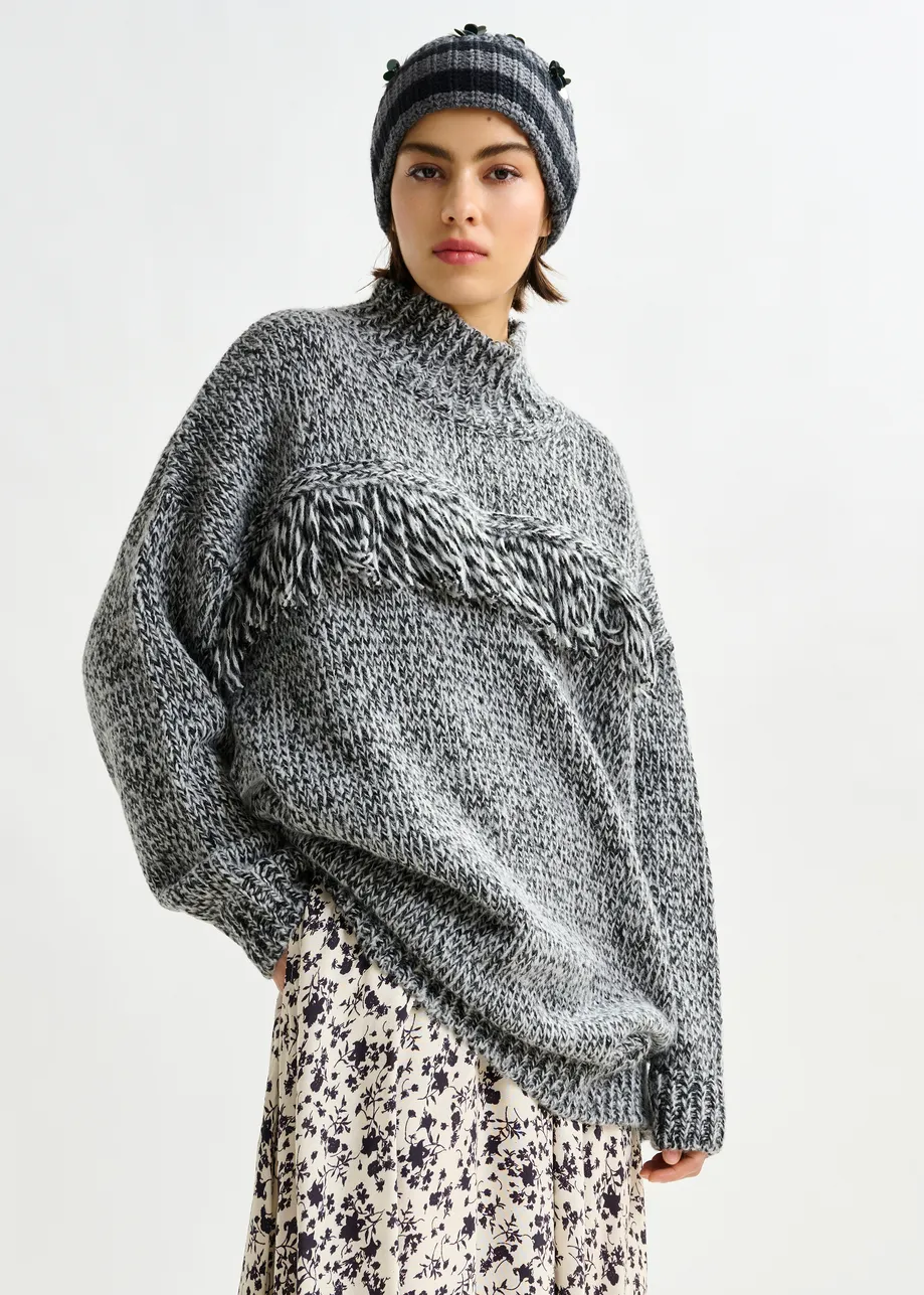 Grey and black wool-blend sweater with fringe details