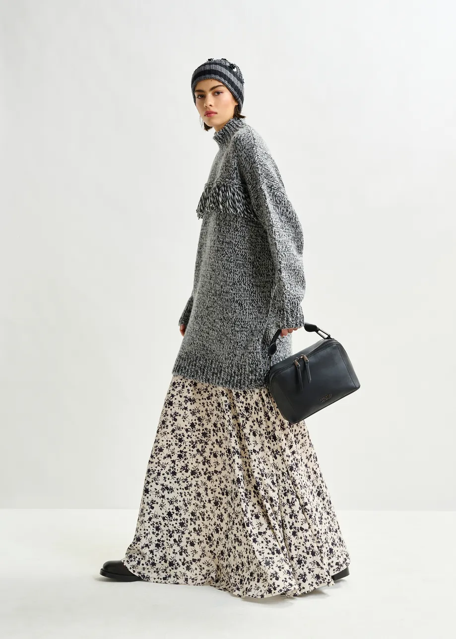 Grey and black wool-blend sweater with fringe details