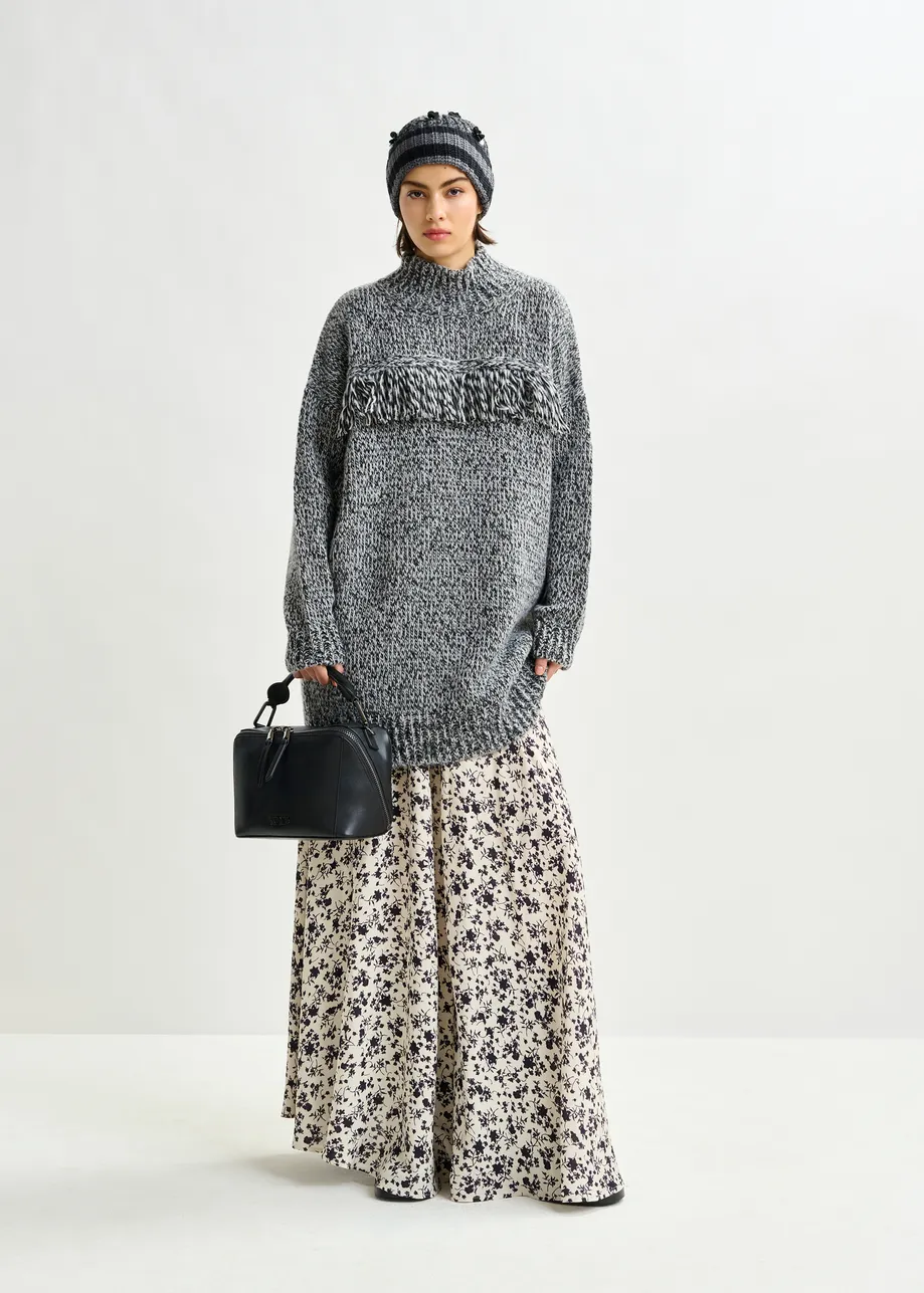 Grey and black wool-blend sweater with fringe details
