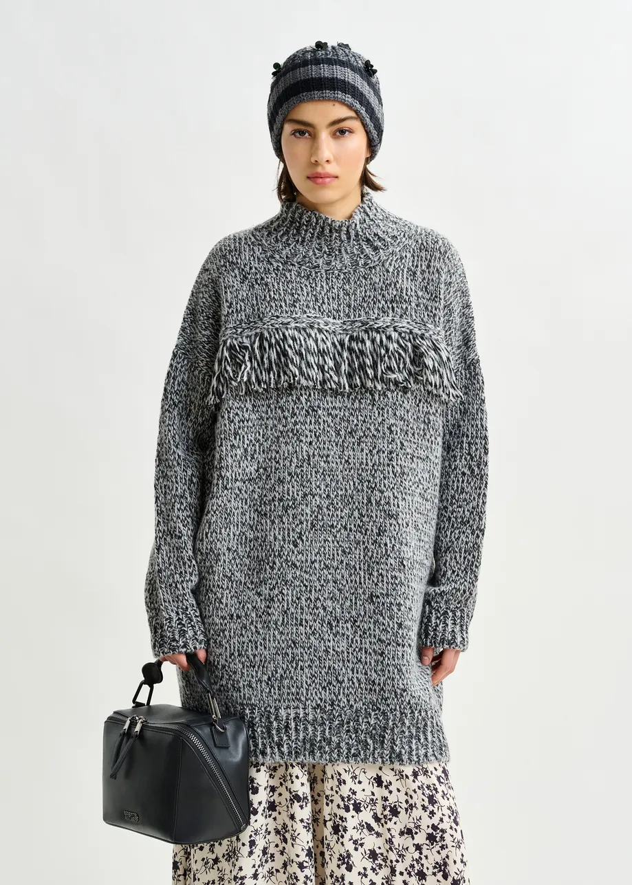 Grey and black wool-blend sweater with fringe details