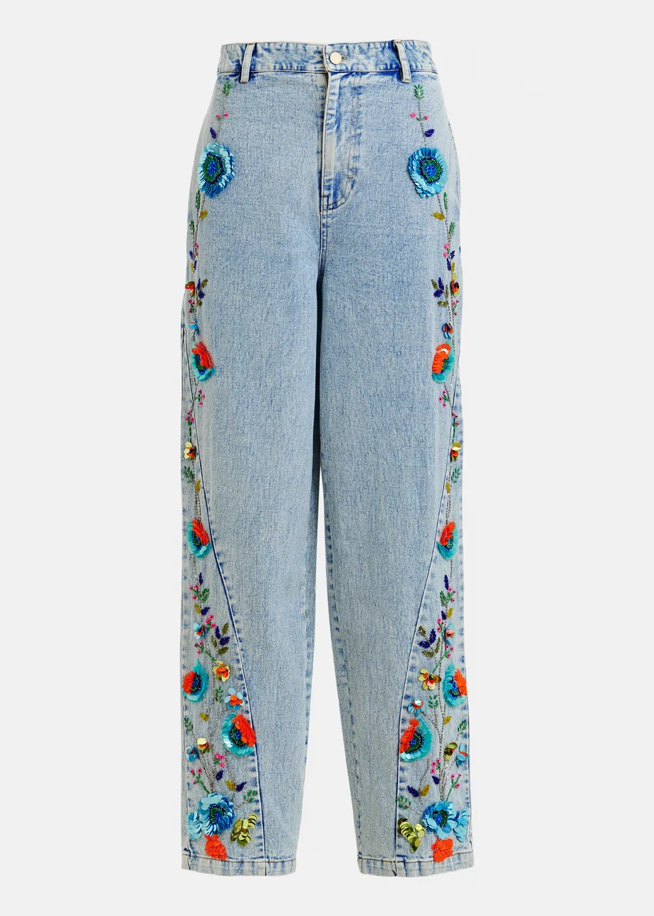 Blue and mulicolor Barrel-leg pants with sequin flower embellishments