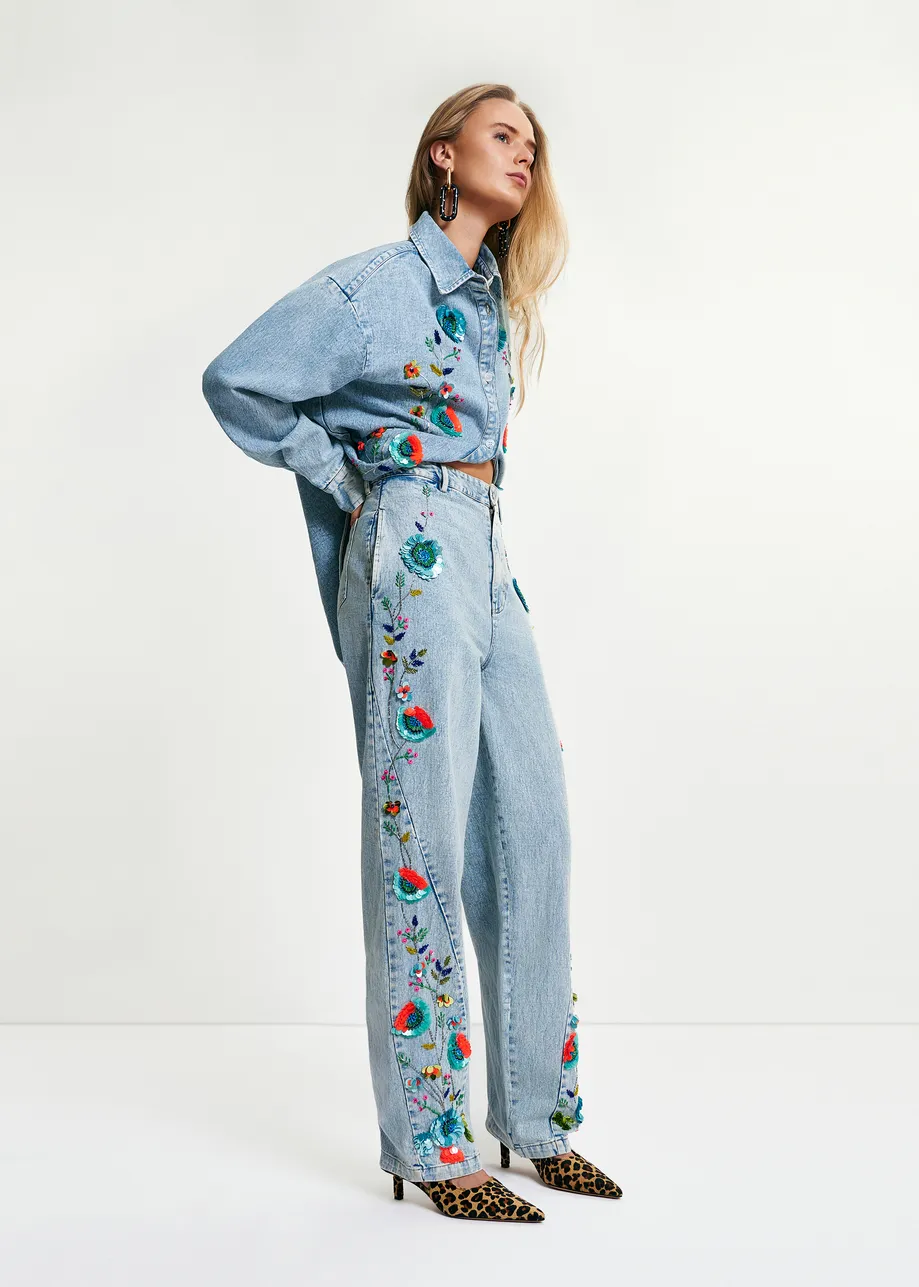 Blue and mulicolor Barrel-leg pants with sequin flower embellishments