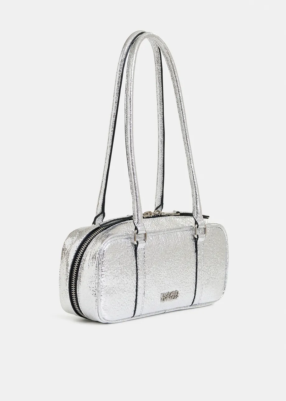 Silver metallic shoulder baguette bag