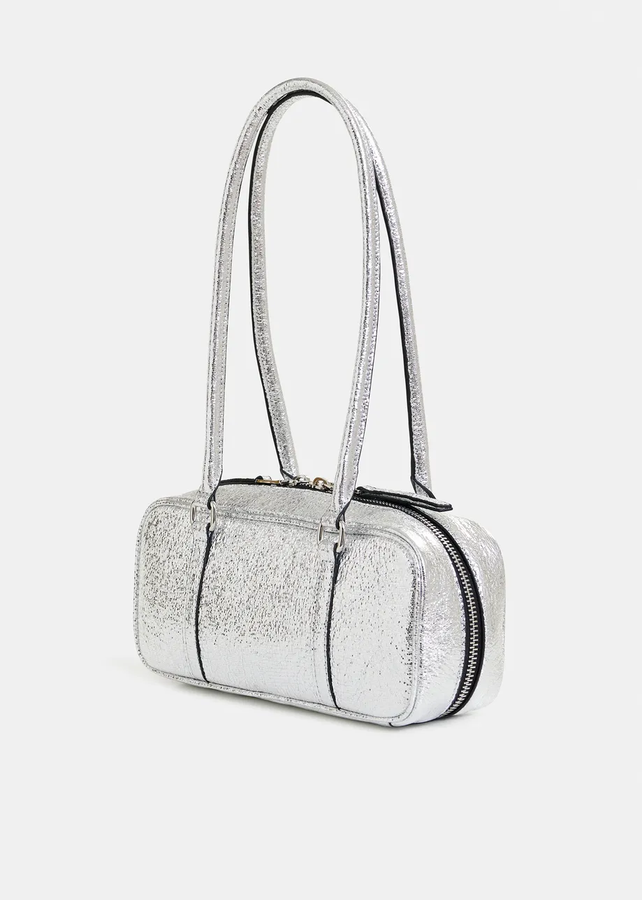 Silver metallic shoulder baguette bag