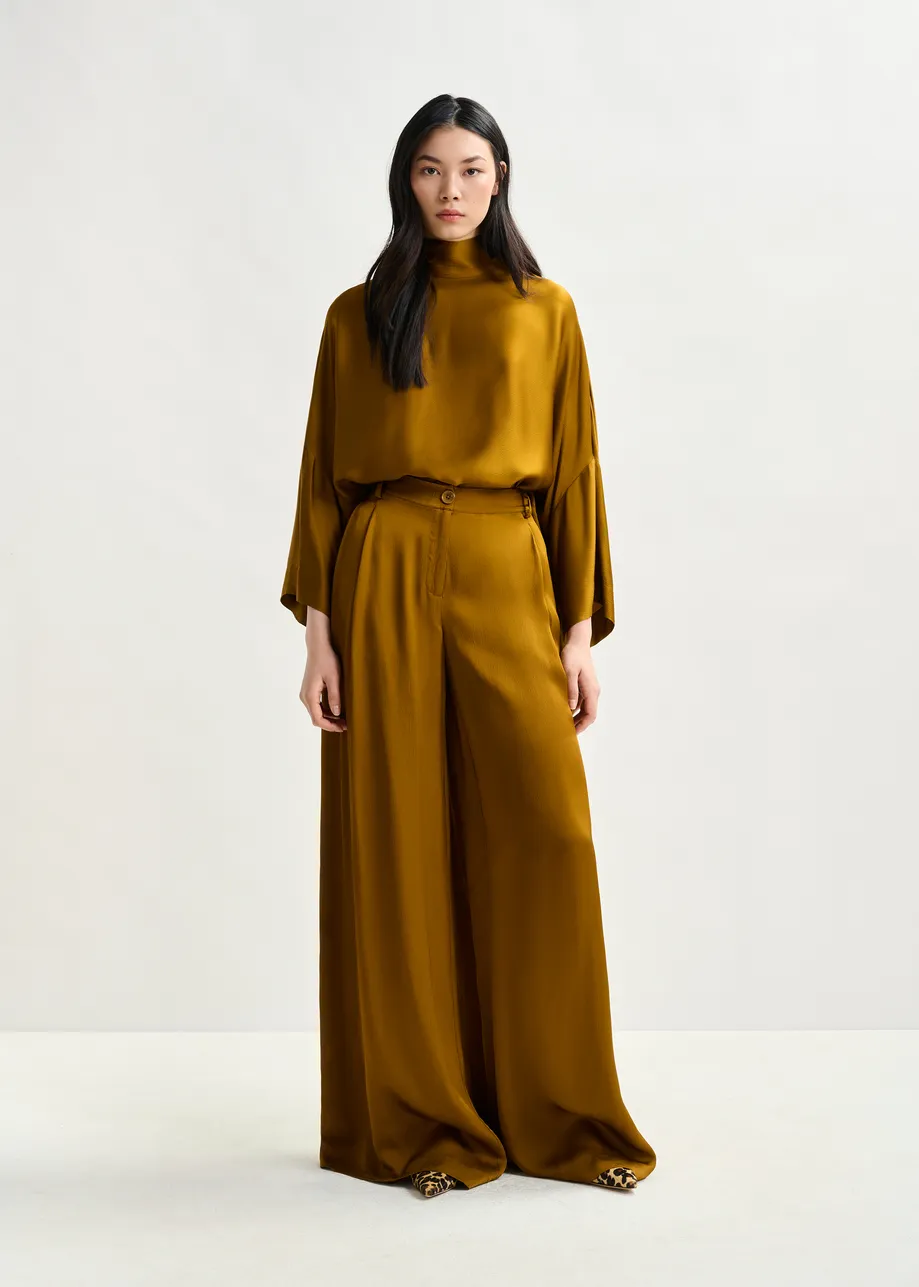 Rust wide-leg satin pants